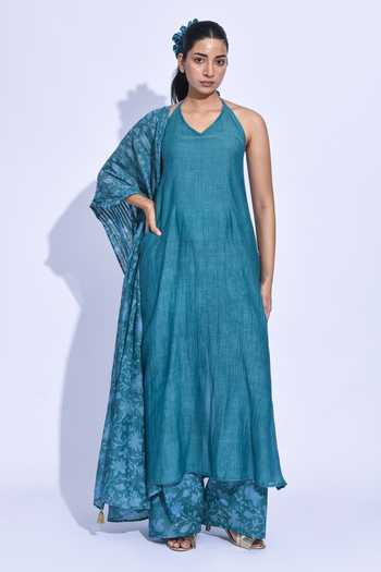 Jayati Goenka Blue Mori Halter Neck Kurta Set