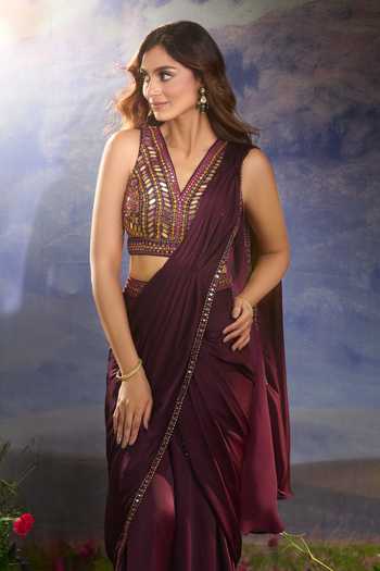 Aariyana Couture Embroidered Wine Pant Saree With Blouse 