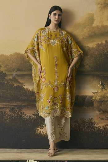 Chandrima Amber Yellow Contrast Florals Kaftan 