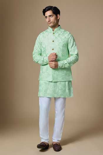 SPRING BREAK Border Embroidered Dupion Silk Nehru Jacket & Kurta Set 