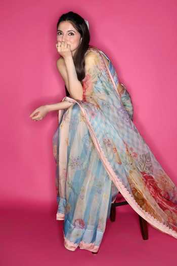 Moh India Rani Bloom Powder Blue Saree With Blouse 
