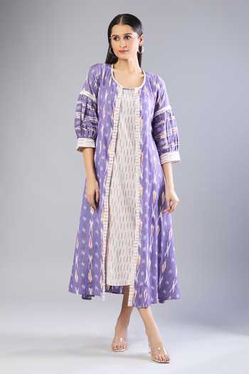 Naintara Bajaj Purple Ikat Handloom Midi Dress & Jacket Set 