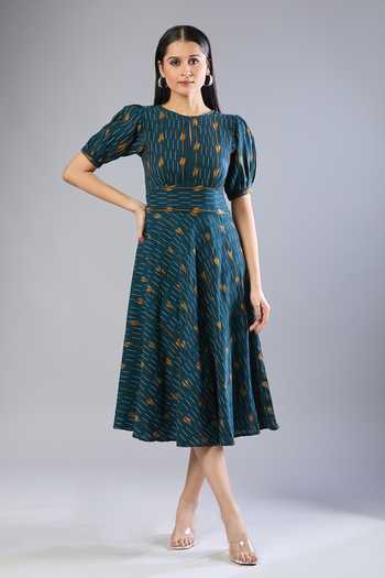 Naintara Bajaj Bottal Green Ikat Handloom Midi Dress 