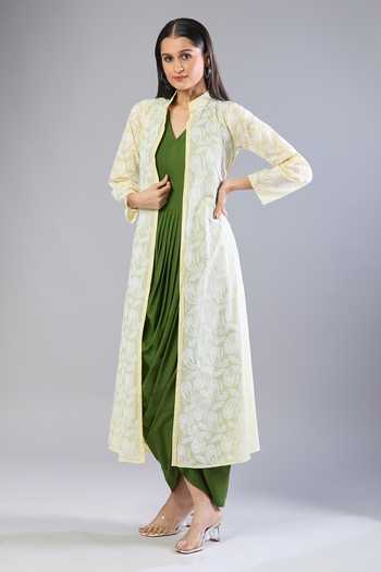 Naintara Bajaj Green Cowl Dress With Yellow Chikankari Jacket 