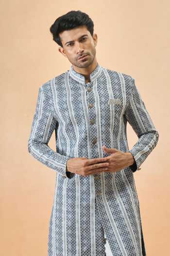 Arihant Rai Sinha Grey & Blue Thread Embroidered Sherwani Set 