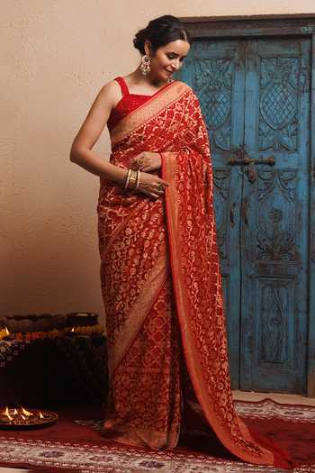 Geroo Jaipur Bandhani Saree with Stitched Blouse & Petticoat Set