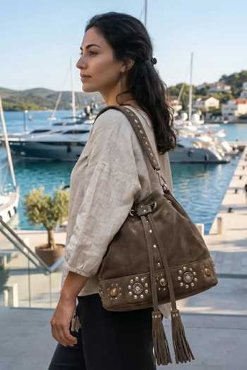 Araani Design Metallic Stud Embellished Suede Bag