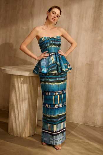 Arje India Geometric Print Peplum Top & Pencil Skirt Set 