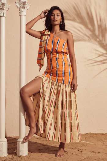 Arje India Linear Print One Shoulder Knot Dress 