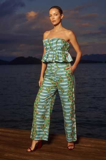 Arje India Polka Dot Print Tube Ruffle Jumpsuit 
