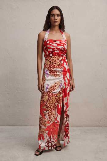Arje India Abstract Print Linen Halter Neck Dress 