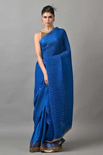 Kiran Uttam Ghosh Bright Pleated Saree With Unstitched Blouse Piece 