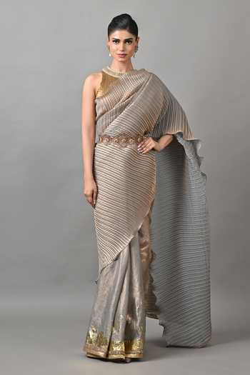 Kiran Uttam Ghosh Smoky Pleated Saree With Unstitched Blouse Piece 