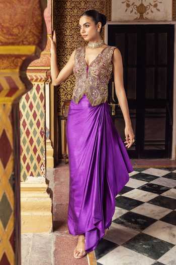 Payal & Zinal Bemburg Satin Chanderi Silk Draped Skirt & Jacket Set