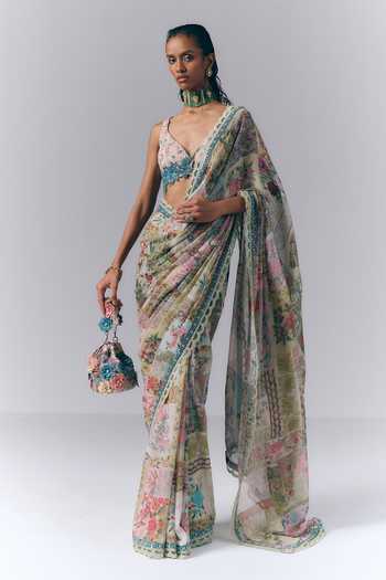 Varun Bahl Botanical Mosaic Print Saree With Blouse 
