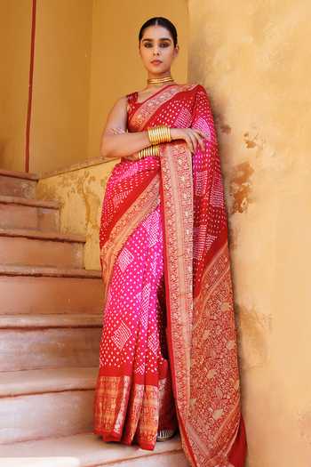Geroo Jaipur Bandhani Saree with Stitched Blouse & Petticoat Set