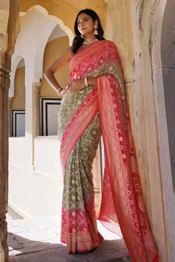 Geroo Jaipur Gharchola Bandhani Saree Set with Stitched Blouse