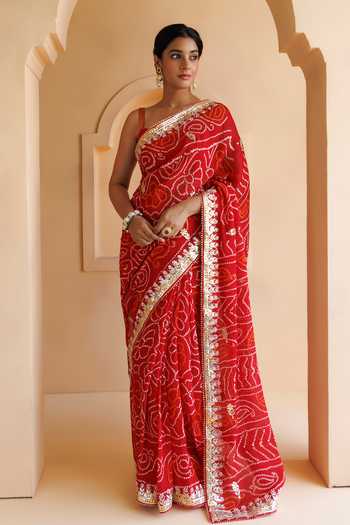 Geroo Jaipur Bandhani Gota Patti Saree Set with Blouse & Petticoat