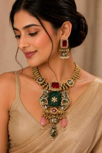 Vivinia By Vidhi Mehra Carved Pendant Necklace & Earrings Set