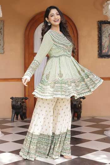Surkh Syahi Printed Peplum Kurta & Sharara Set 