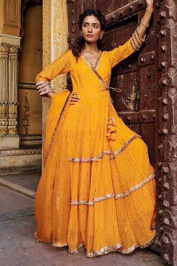 Preevin Saffron Tiered Angrakha With Dupatta 