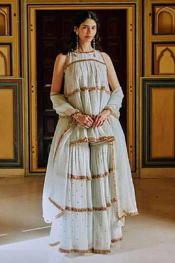 Preevin Embroidered Peplum Kurta Sharara Set 