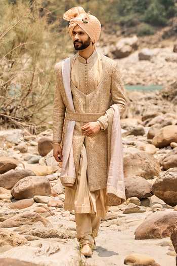 Nitika Gujral Fawn Angrakha Sherwani Set 
