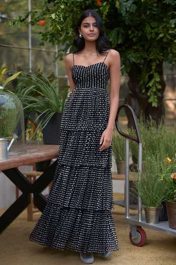 Dash And Dot Pleated Polka Dot Tiered Maxi Dress 