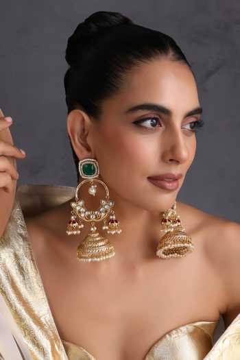 Swabhimann Emerald & Polki Embellished Long Jhumka Earrings 