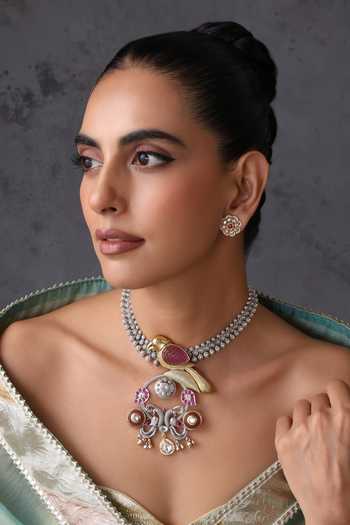 Swabhimann Bird & Peacock Carved Pendant Necklace Set 