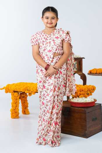 JILMIL DREAMWEAR Floral Print Pre-Draped Saree With Blouse