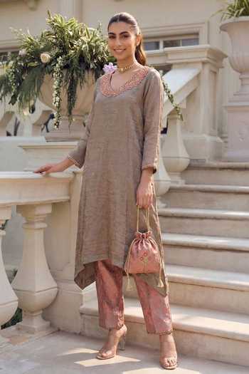 Ronak's Couture Zardozi Neckline Embroidered Kaftan & Pant Set 
