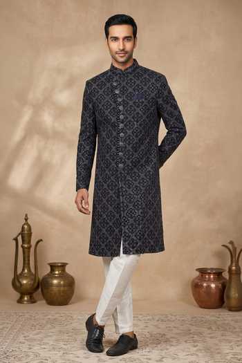Arihant Rai Sinha Navy Blue Thread Embroidered Sherwani Set 