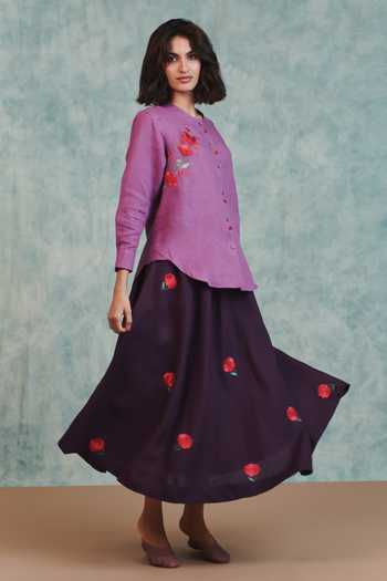 Saphed Plum Linen Embroidered Flared Skirt 
