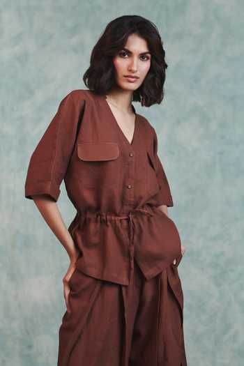 Saphed Chocolate Linen Drawstring Shirt 