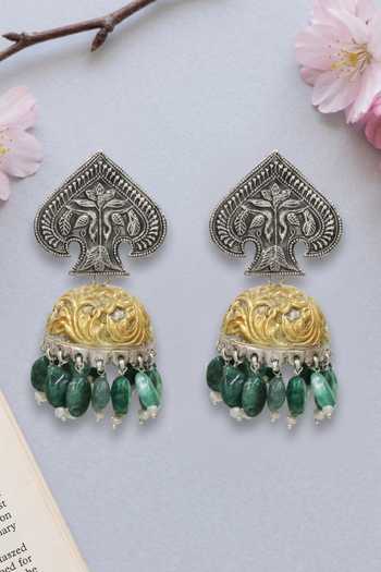 Sangeeta Boochra Dual Tone Green Bead Jhumka Earrings 