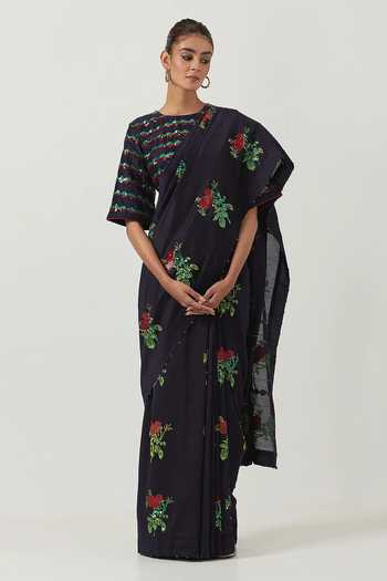 Label Earthen Phool Pathi Embroidered Saree With Blouse