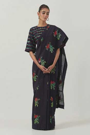 Label Earthen Phool Pathi Embroidered Saree With Blouse