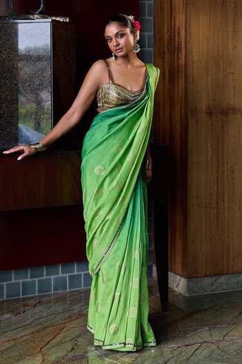 Cedar & Pine Bindia Gold Foil Print Saree With Blouse 
