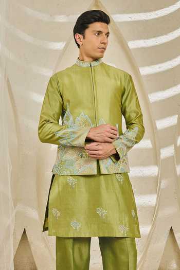 Sarab Khanijou Green Alpine Nehru Jacket & Kurta Set
