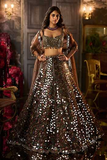 Seema Gujral Copper Brown Mirror Work Bridal Lehenga Set 