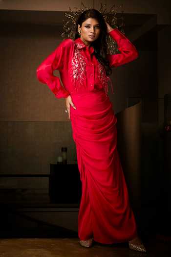 Babita M Embroidered Organza Shirt & Cowl Skirt Set 