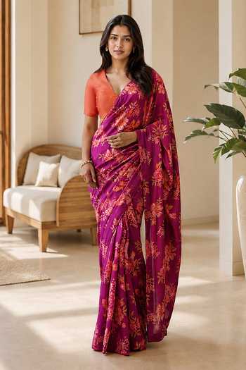 Jhambthreads Floral Pattern Saree With Unstitched Blouse Fabric