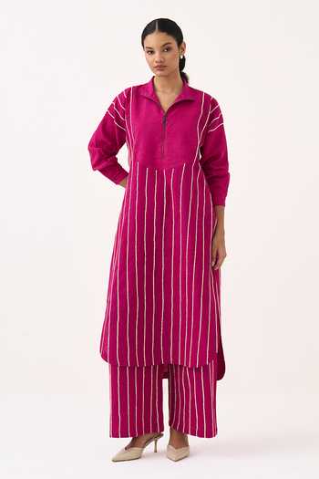 Three Embroidered Handwoven Cotton Kurta & Pant Set 