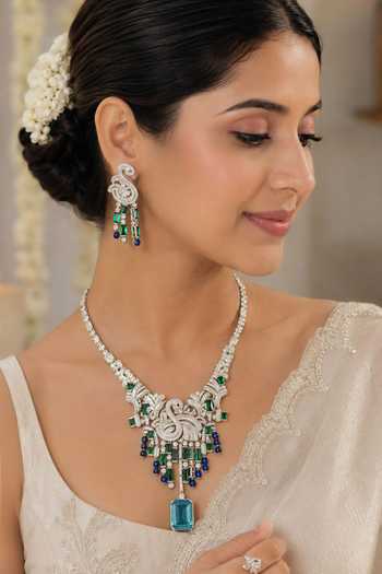 Vivinia By Vidhi Mehra Emerald Sapphire Swan Statement Necklace Set 
