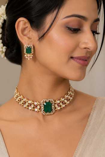 Vivinia By Vidhi Mehra Emerald Green Polki Choker Set 