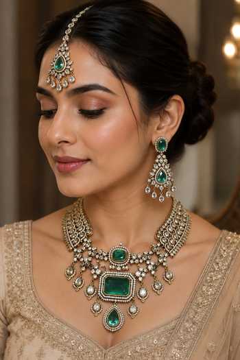 Vivinia By Vidhi Mehra Emerald Green Bridal Polki Necklace Set 