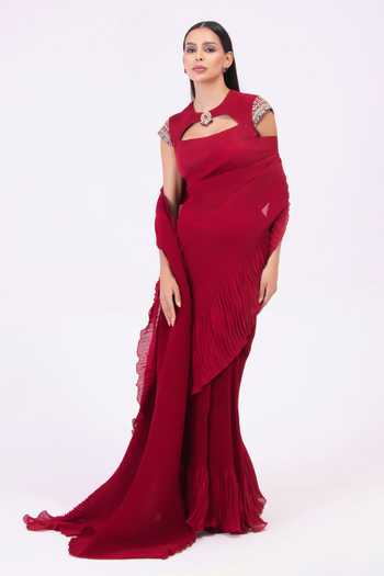 Preeti Mehta Mulberry Red Pre-Draped Saree Set 