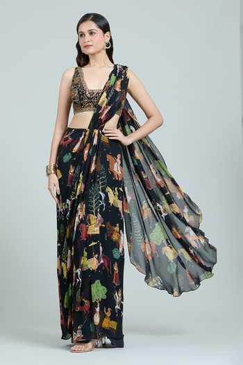 Rajat K Tangri Mughal Print Pre-Draped Saree Set 