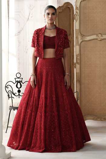 Basanti Kapde Aur Koffee Crimson Revierie Embroidered Jacket Lehenga Set 